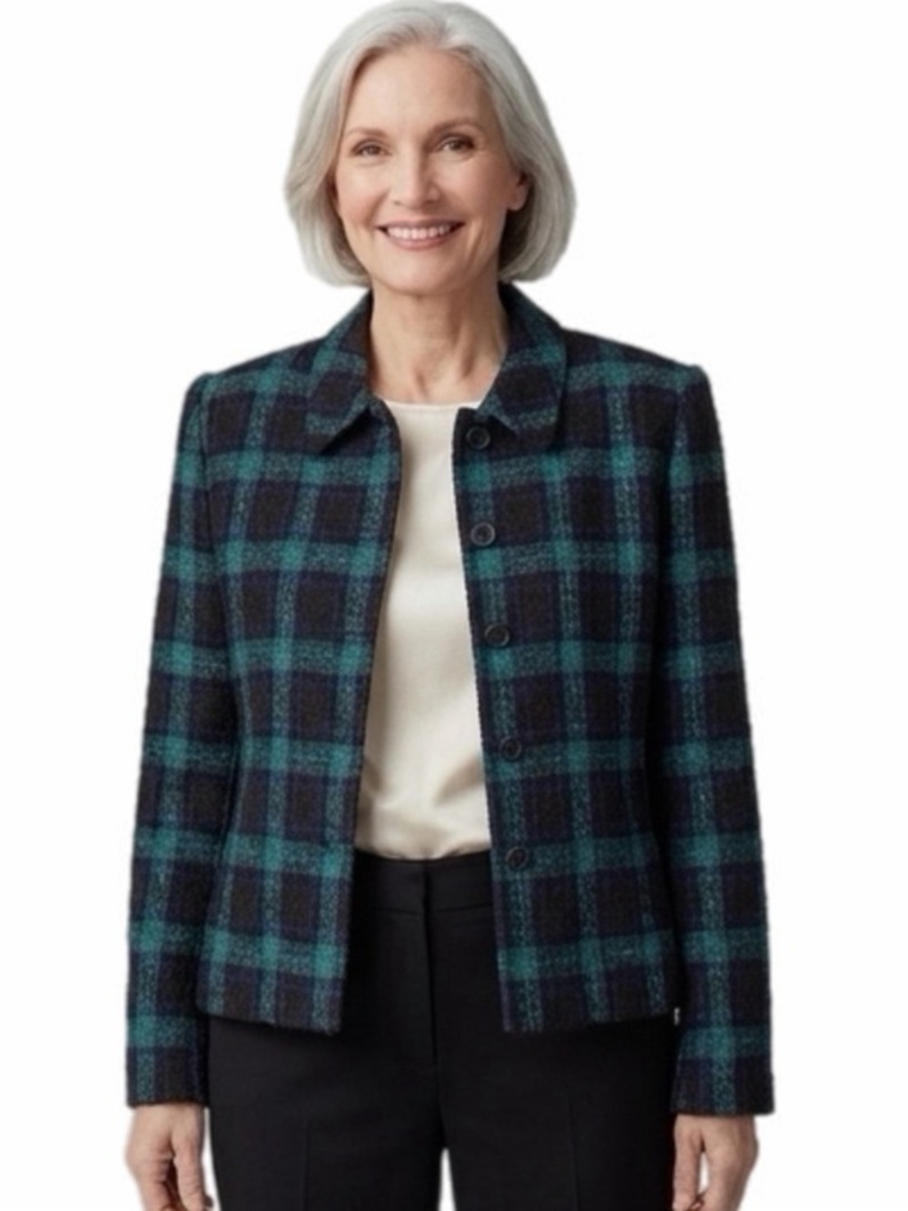 KASPER & COMPANY green, black and blue Tweed Plaid Blazer Jacket Size 6 EUC